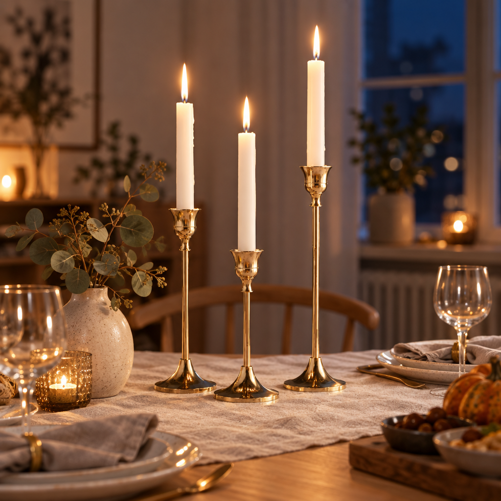 Tre Candla-ljusstakar i guld med tända kronljus