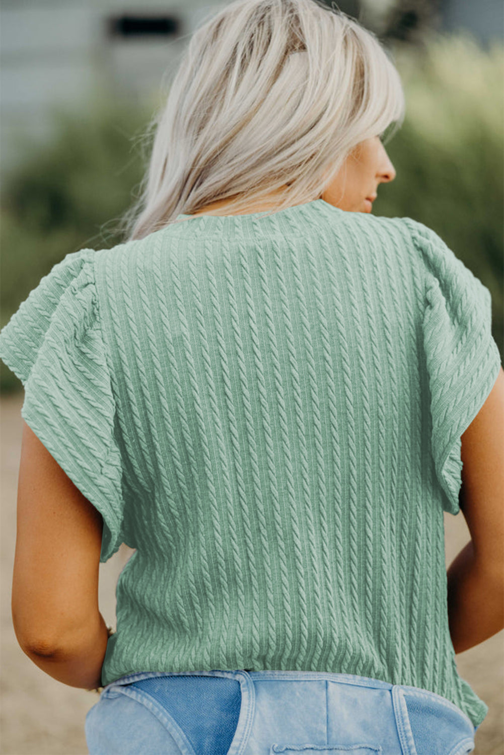 Beige Solid Color Textured Flutter Sleeve Top