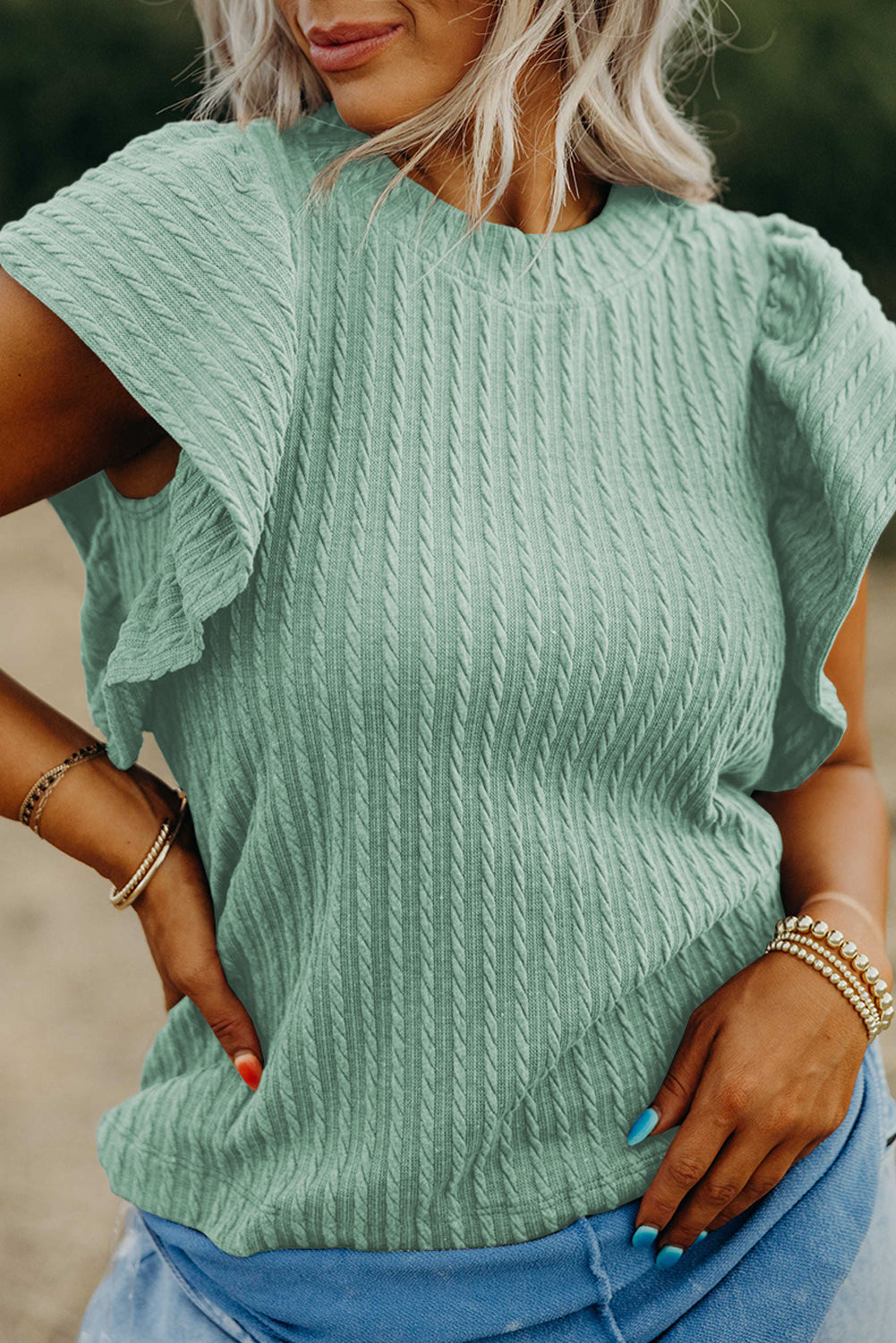 Beige Solid Color Textured Flutter Sleeve Top