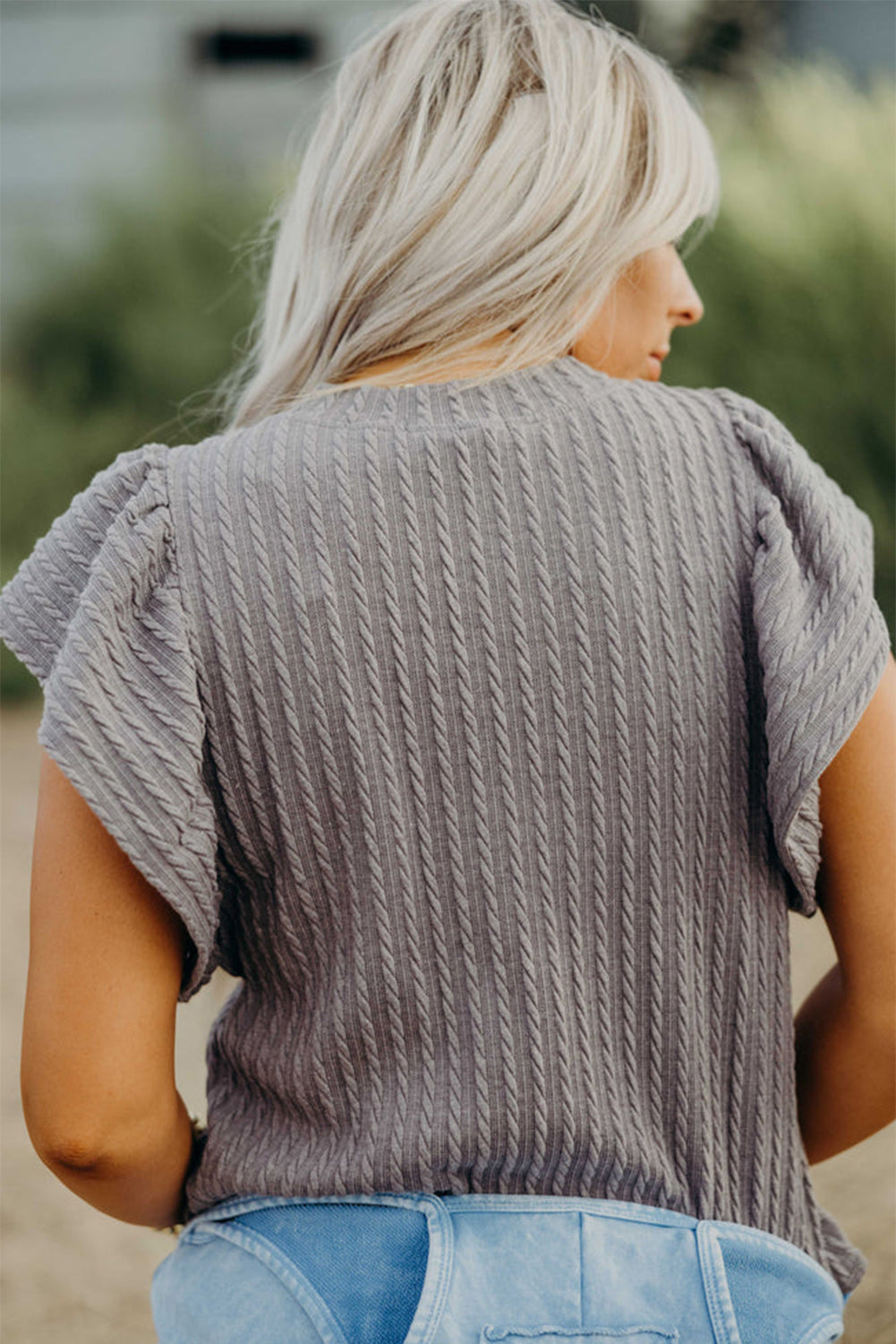 Beige Solid Color Textured Flutter Sleeve Top