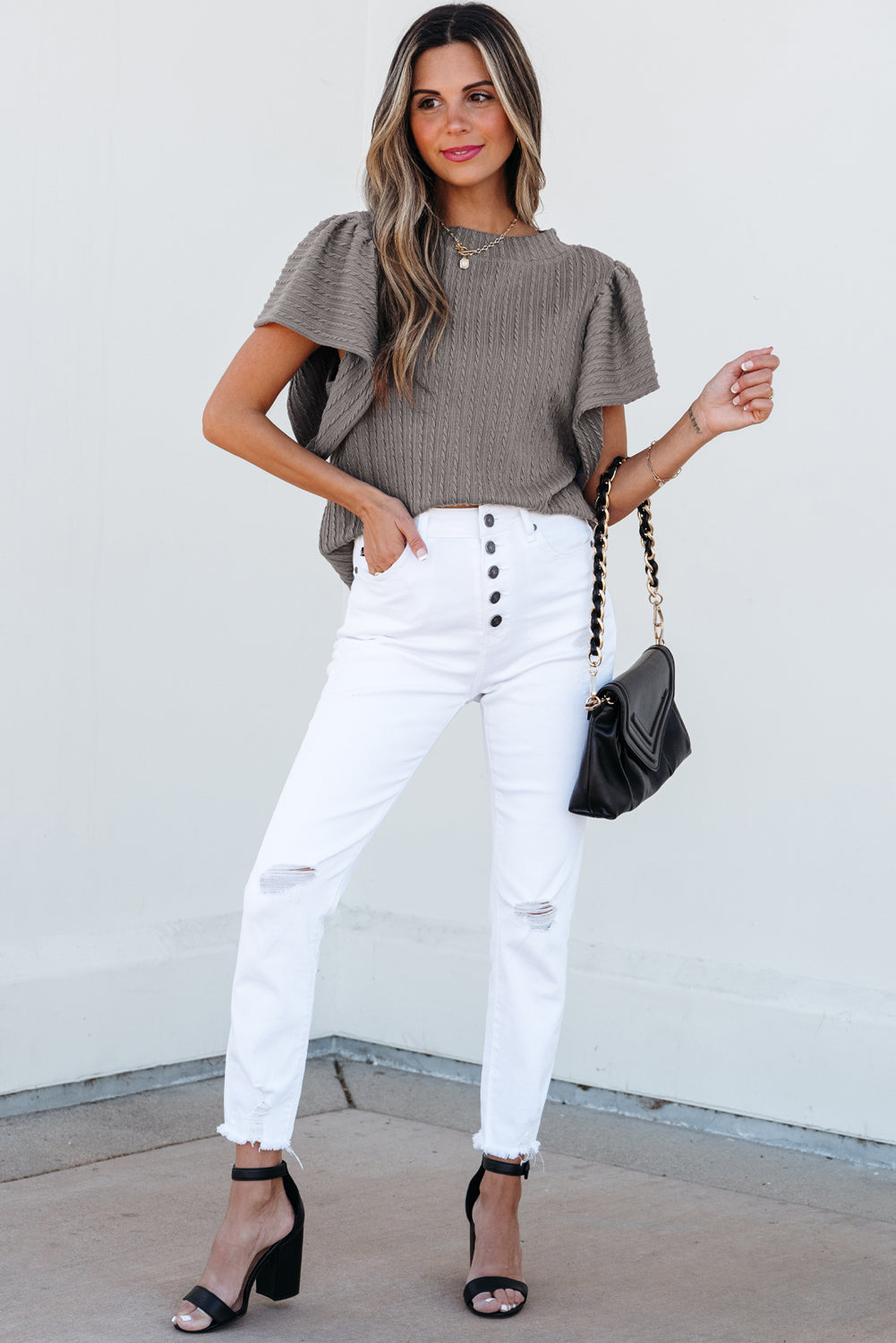 Beige Solid Color Textured Flutter Sleeve Top