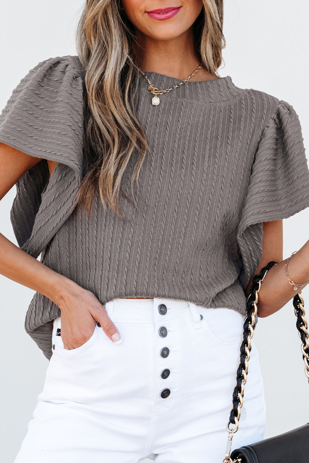 Beige Solid Color Textured Flutter Sleeve Top