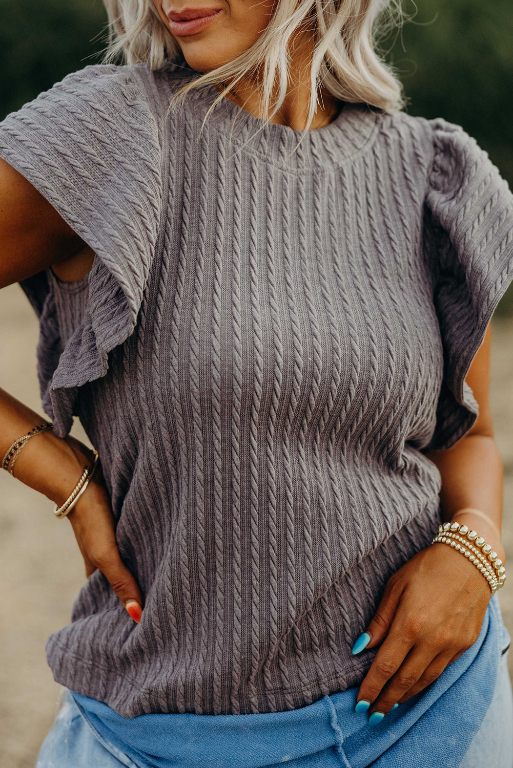 Beige Solid Color Textured Flutter Sleeve Top