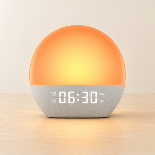 Sunrise väckarklocka med varmt soluppgångsljus på ljus björk