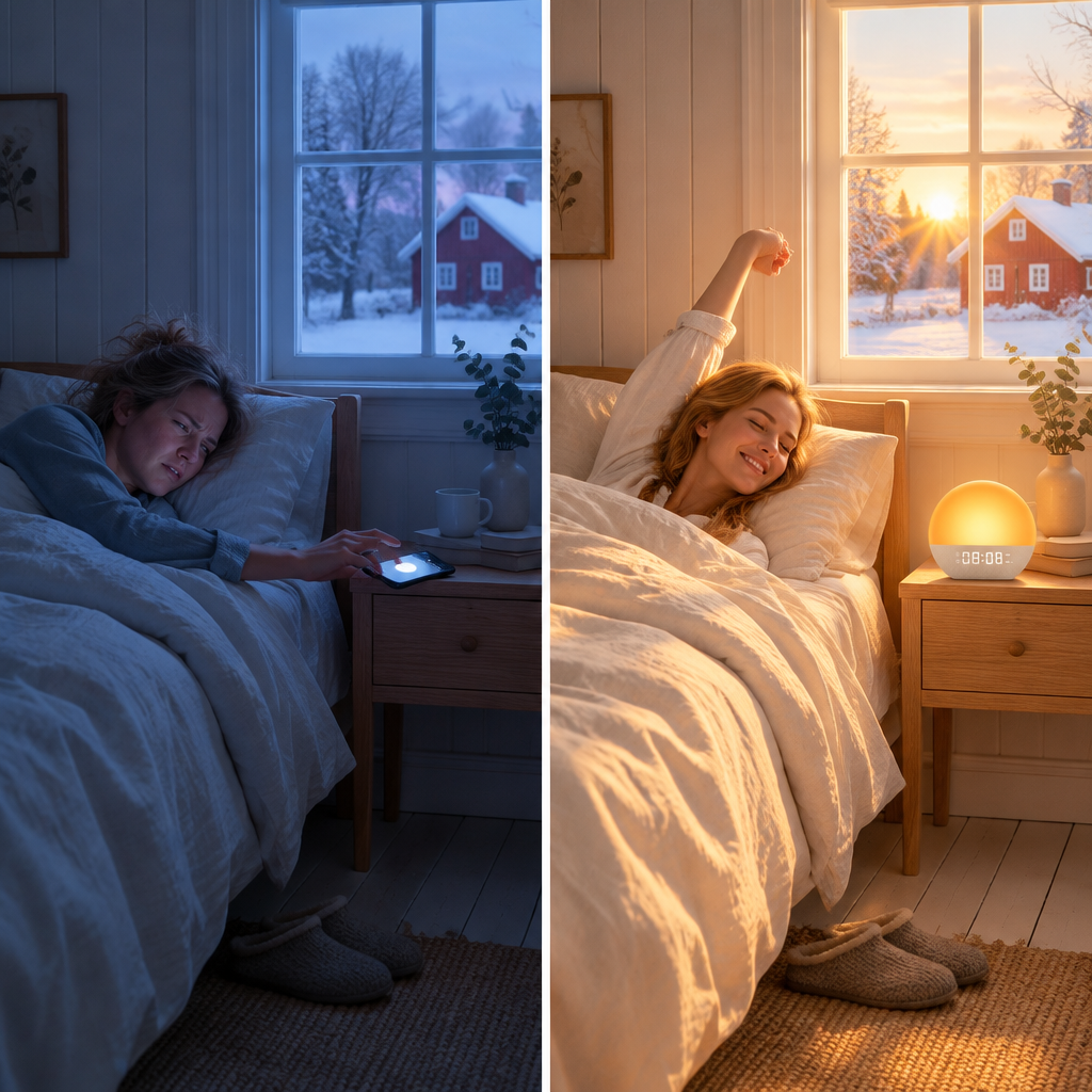 Före och efter: mörk morgon med mobilalarm jämfört med att vakna av soluppgångsljus