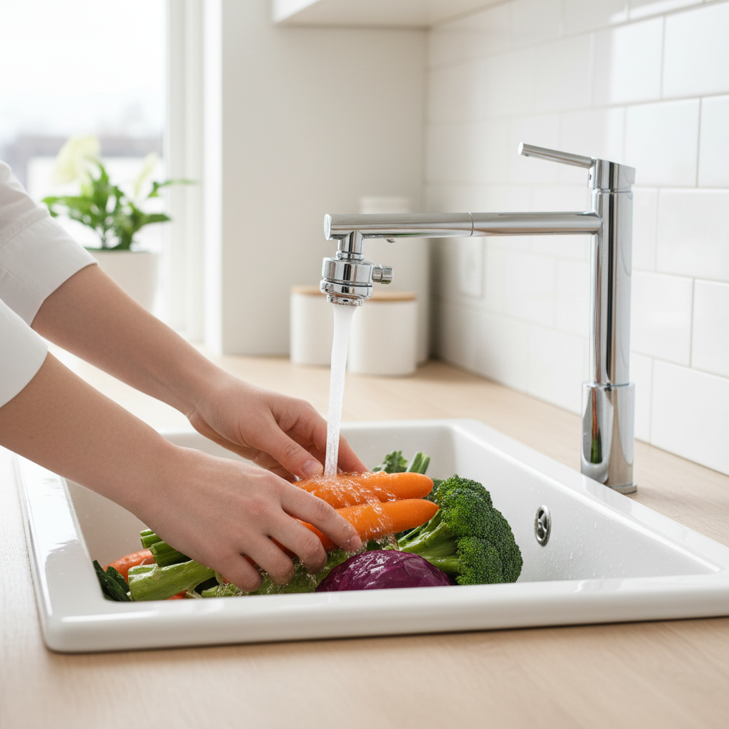 Person sköljer grönsaker med HydroFlex 360 i modernt kök