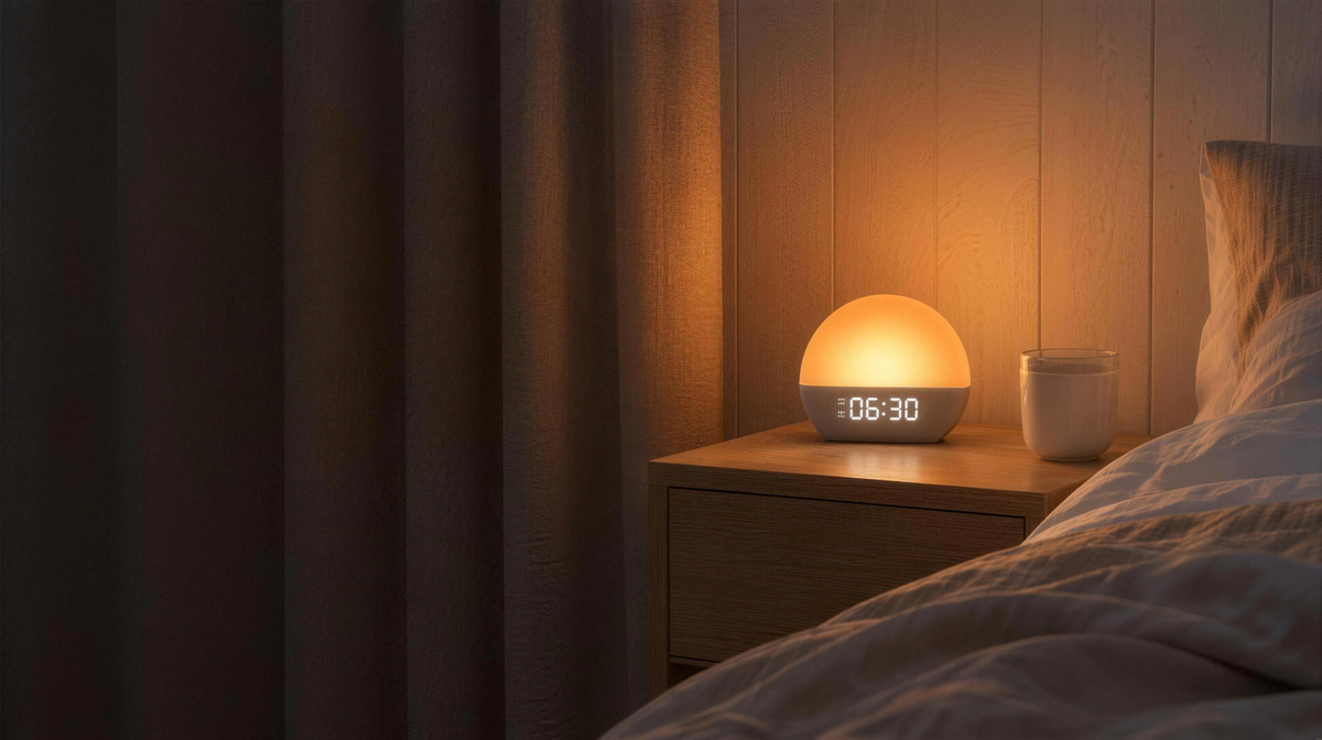 Sunrise väckarklocka lyser varmt på ett sängbord i ett mörkt svenskt sovrum en vintermorgon